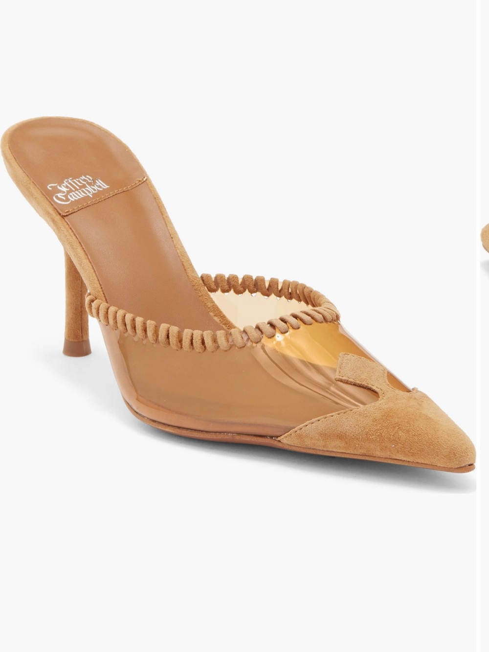 Jeffrey Campbell Tan Suede & Clear PVC Pointed Mule with Braided Strap